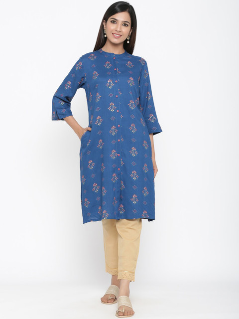 

Juniper Women Blue Printed A-Line Kurta