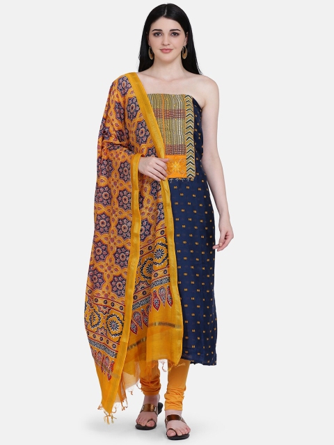 

BOMBAY SELECTIONS Blue & Mustard Cotton Blend Unstitched Dress Material