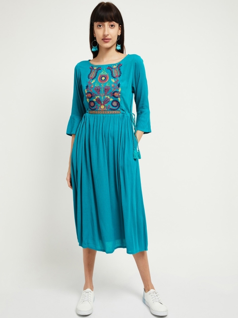 

max Women Turquoise Blue Embroidered Fit and Flare Dress