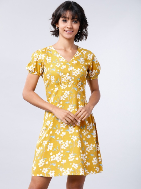 

Tokyo Talkies Women Mustard Yellow & White Floral Print Fit & Flare Dress