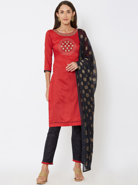 

Satrani Red & Black Pure Cotton Unstitched Dress Material