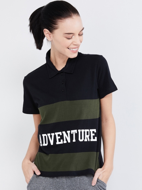 

max Women Black & Green Striped Polo Collar T-shirt