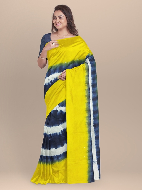 

BharatSthali Yellow & Blue Pure Cotton Handloom Dyed Saree
