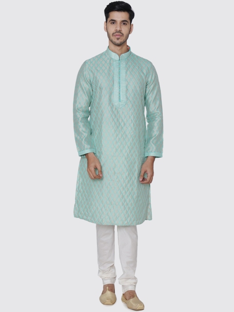 Manyavar Men Blue & White Woven Design Kurta with Churidar