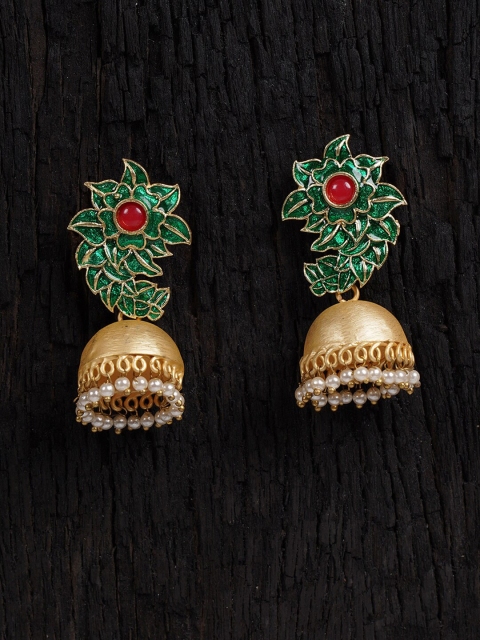 Shoshaa Green & Gold-Plated Leaf Shaped Enamelled Jhumkas