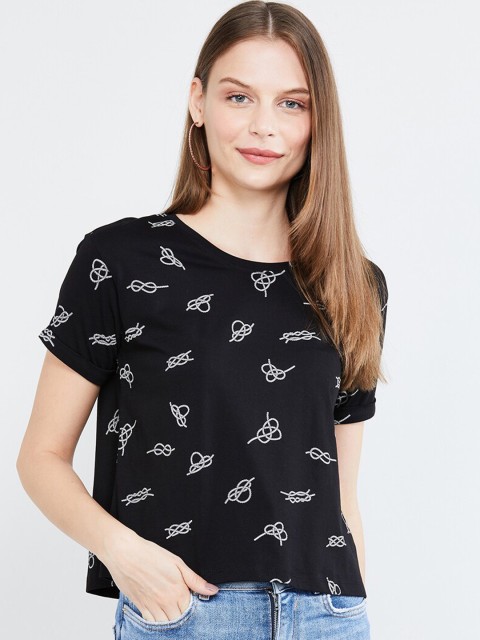 

max Women Black Printed Round Neck T-shirt