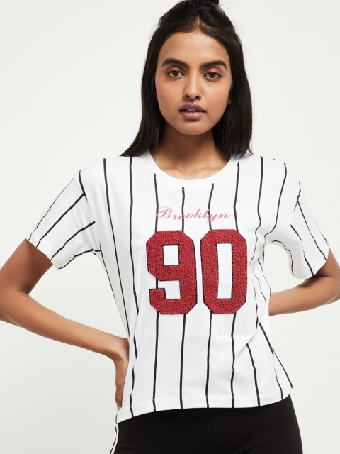 

max Women White Striped Round Neck T-shirt