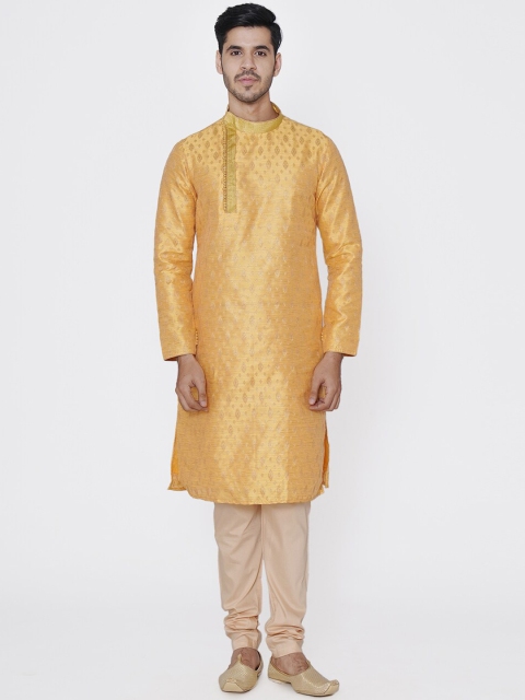

Manyavar Men Yellow & Beige Self Design Kurta with Churidar