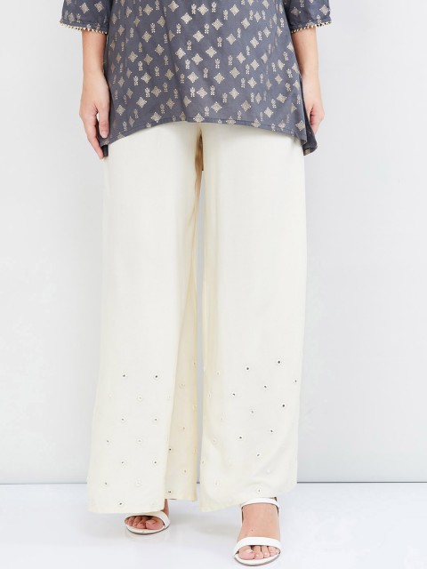 

max Women Cream Hem Design Flared Palazzos