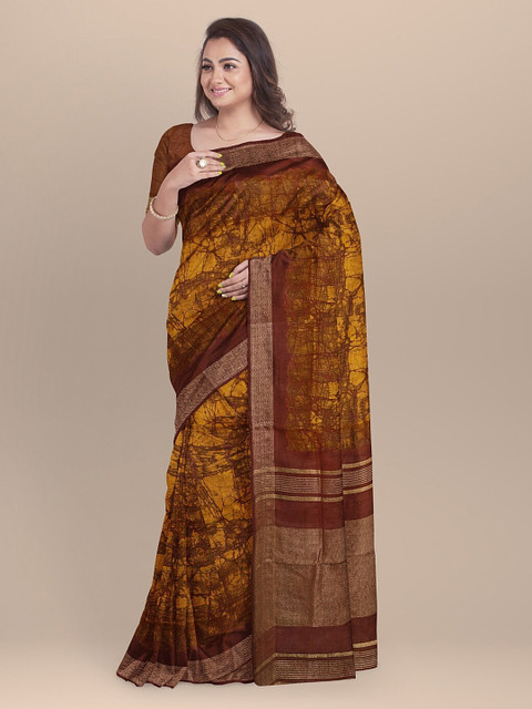 

BharatSthali BharatSthali Maroon Solid Silk Cotton Sanganeri Saree, Mustard