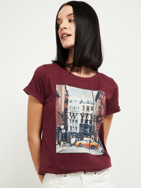 

max Women Burgundy Printed Round Neck T-shirt