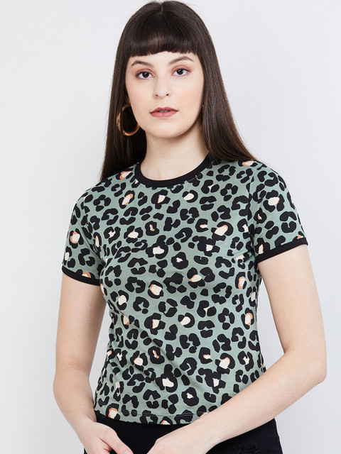 

max Women Green & Black Animal Print Round Neck T-shirt