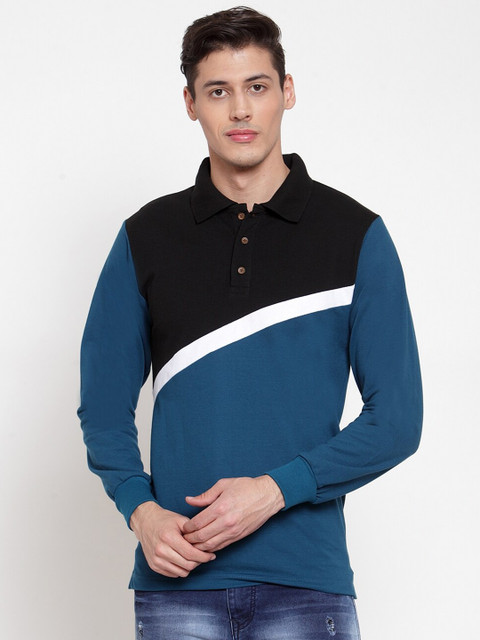 

Kalt Men Teal Blue & Black Colourblocked Polo Collar T-shirt