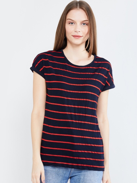 

max Women Navy Blue & Red Striped Round Neck T-shirt