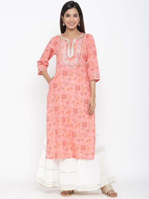 

Juniper Women Coral Pink & Orange Floral Printed Straight Kurta