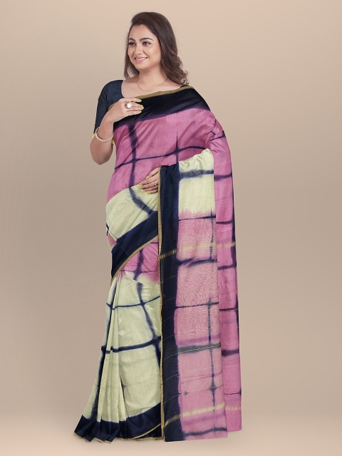 

BharatSthali Pink & Black Silk Cotton Checked Chanderi Saree