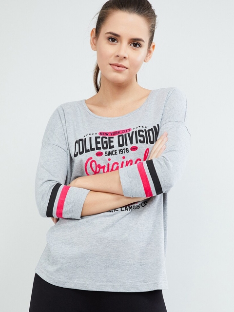 max Women Grey Printed Round Neck T-shirt