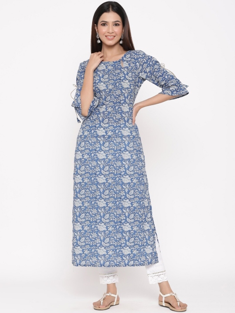 Juniper Women Blue & White Printed A-Line Kurta