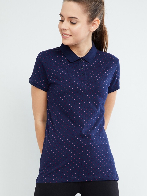 

max Women Navy Blue Printed Polo Collar T-shirt