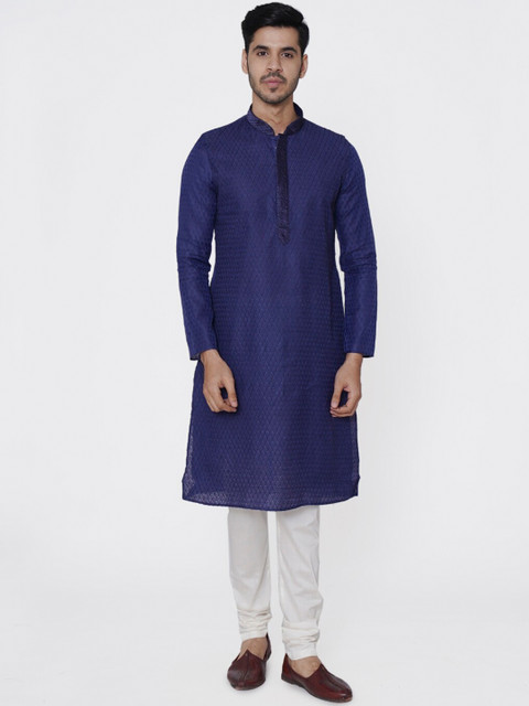 

Manyavar Men Navy Blue & White Woven Design Kurta with Churidar