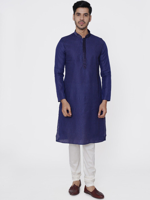 

Manyavar Men Navy Blue & White Self Design Kurta with Churidar