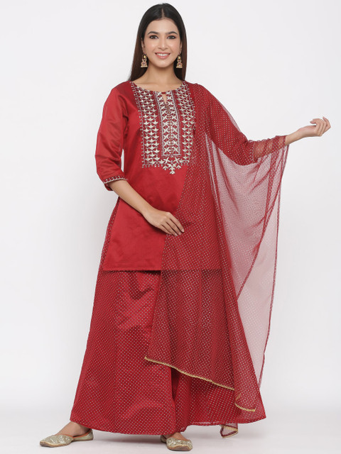 

Juniper Women Maroon Embroidered Kurti with Sharara & Dupatta