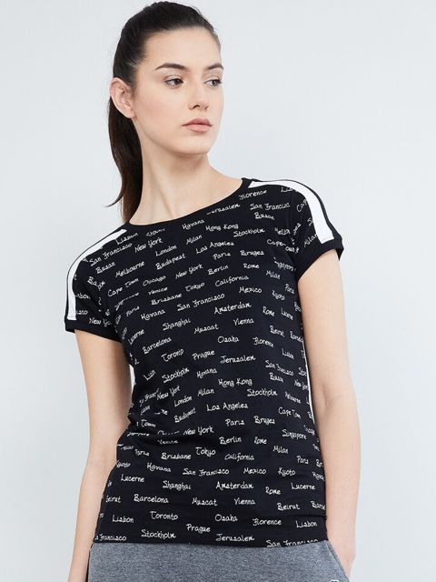 

max Women Black & White Printed Round Neck T-shirt