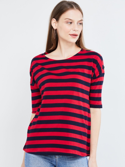 

max Women Red & Navy Blue Striped Round Neck T-shirt