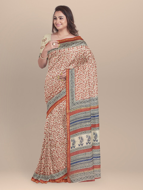 

BharatSthali Beige & Orange Silk Cotton Printed Chanderi Sustainable Saree