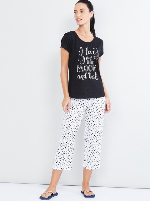 

max Women Charcoal Grey & White Printed Night Suit