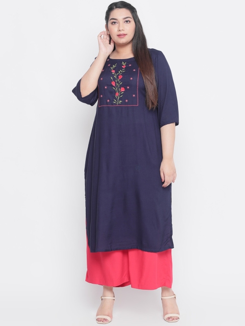 

Amydus Women Navy Blue & Pink Floral Embroidered Straight Kurta