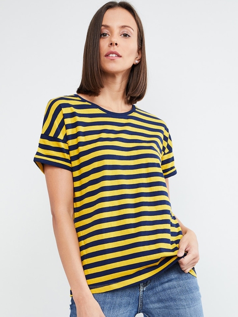 

max Women Yellow & Navy Blue Striped Round Neck T-shirt