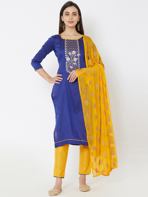 

Satrani Blue & Mustard Pure Cotton Unstitched Dress Material