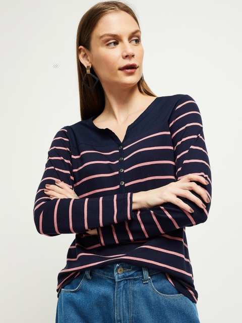 

max Women Navy Blue Striped Henley Neck Pure Cotton T-shirt