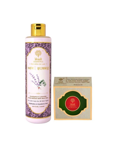 

KHADI ESSENTIALS Swaang Eucalyptus & Lavender Body Balsam 200ml & Tea Tree Bath Bar 125g, Purple