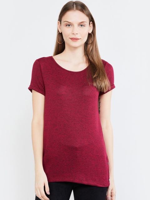 

max Women Magenta Solid Round Neck Longline T-shirt