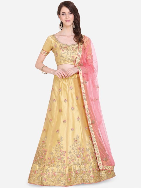 

Mitera Gold-Toned & Peach-Coloured Embroidered Semi-Stitched Lehenga & Unstitched Blouse with Dupatta
