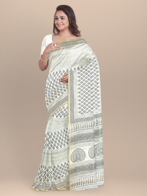 

BharatSthali BharatSthali Purple Pure Silk Printed Murshidabad silk Sustainable Saree, White