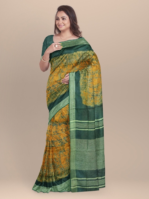 

BharatSthali Green & Yellow Pure Linen Sanganeri Printed Saree