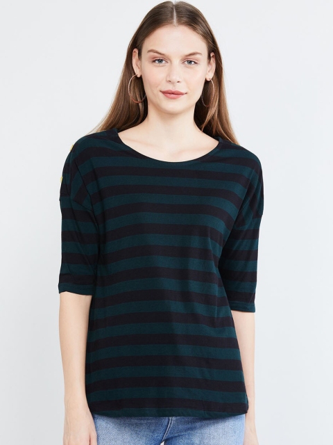 

max Women Green Black Striped Round Neck Pure Cotton T-shirt