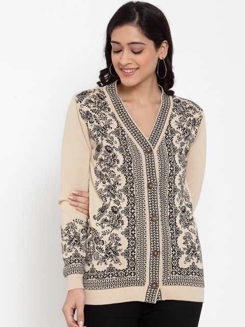 

Kalt Women Fawn & Black Self Design Cardigan Sweater, Cream
