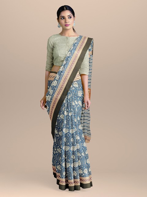 

BharatSthali Blue & Beige Pure Cotton Printed Handloom Saree