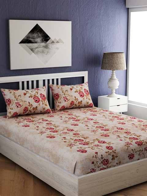 

EverHOME Beige & Maroon Floral 210 TC Cotton 1 King Bedsheet with 2 Pillow Covers