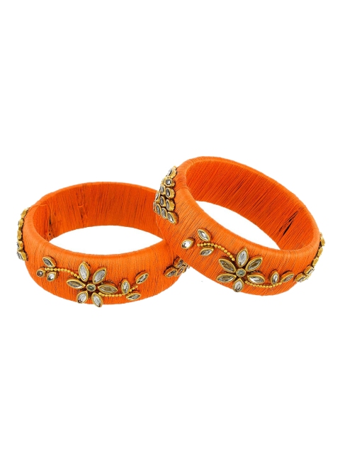 

Silvermerc Designs Set Of 2 Gold-Plated Orange & White Stone-Studded Floral Handcrafted Bangles