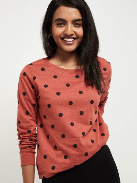 

max Women Rust Orange Printed Round Neck T-shirt