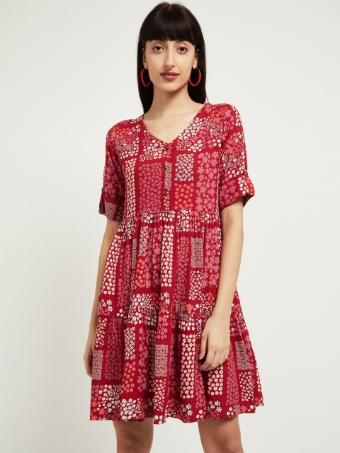 

max Women Red & White Floral Printed A-Line Dress