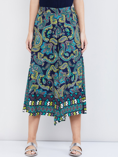 

max Women Navy Blue & Green Regular Fit Printed Culottes