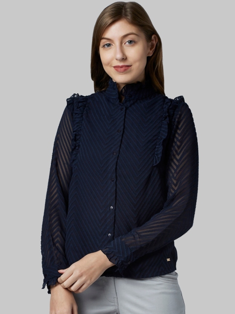 Park Avenue Women Navy Blue Self Design Shirt Style Top