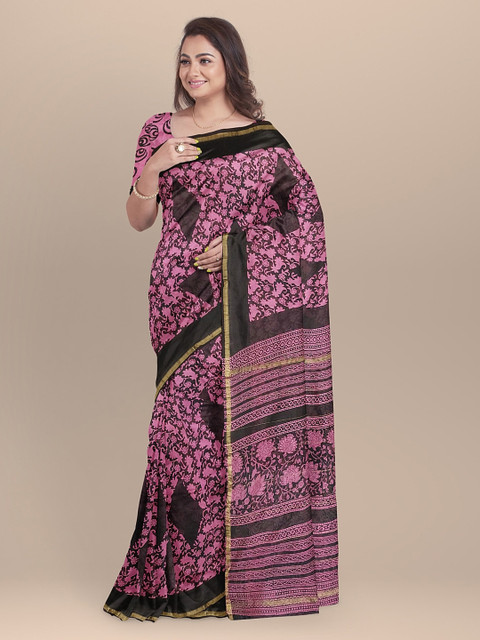 

BharatSthali Pink & Black Silk Cotton Chanderi Printed Sustainable Saree