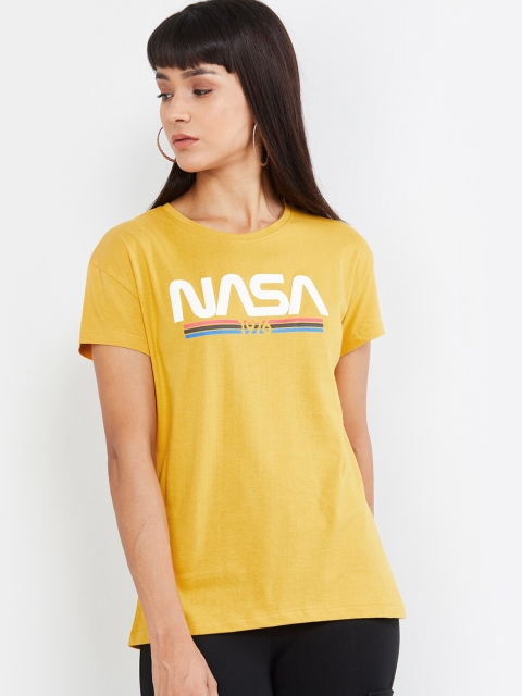 

max Women Yellow & White NASA Printed T-shirt